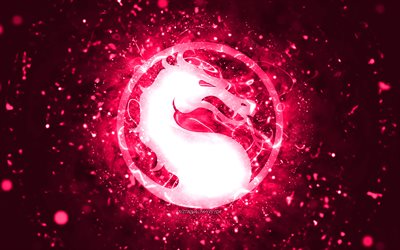 Mortal Kombat vaaleanpunainen logo, 4k, vaaleanpunaiset neonvalot, luova, vaaleanpunainen abstrakti tausta, Mortal Kombat -logo, online -pelit, Mortal Kombat