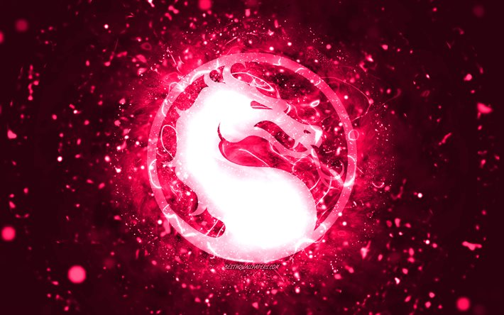 Mortal Kombat pembe logosu, 4k, pembe neon ışıkları, yaratıcı, pembe soyut arka plan, Mortal Kombat logosu, online oyunlar, Mortal Kombat