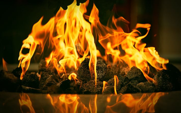 eld, härd, brinnande kol, närbild, eldslågor, flamma, bakgrund med eld, eldig textur, lågor, brandstrukturer