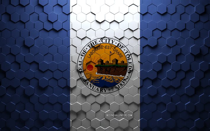Drapeau de Toledo, Ohio, art en nid d&#39;abeille, drapeau des hexagones de Toledo, Toledo, art des hexagones 3d, drapeau de Toledo