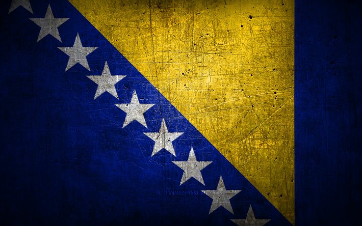 Drapeau bosniaque en m&#233;tal, art grunge, pays europ&#233;ens, Journ&#233;e de la Bosnie-Herz&#233;govine, symboles nationaux, drapeau de la Bosnie-Herz&#233;govine, drapeaux m&#233;talliques, Drapeau de la Bosnie-Herz&#233;govine, Europe, drapeau bosn