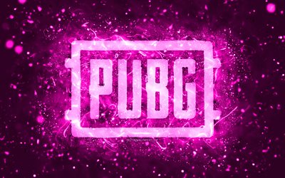 Pubg violetti logo, 4k, violetit neonvalot, PlayerUnknowns Battlegrounds, luova, violetti abstrakti tausta, Pubg -logo, online -pelit, Pubg