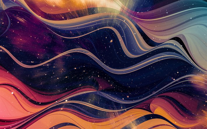 colorful abstract waves, 4k, artwork, galaxy, nebula, abstract waves, background with waves