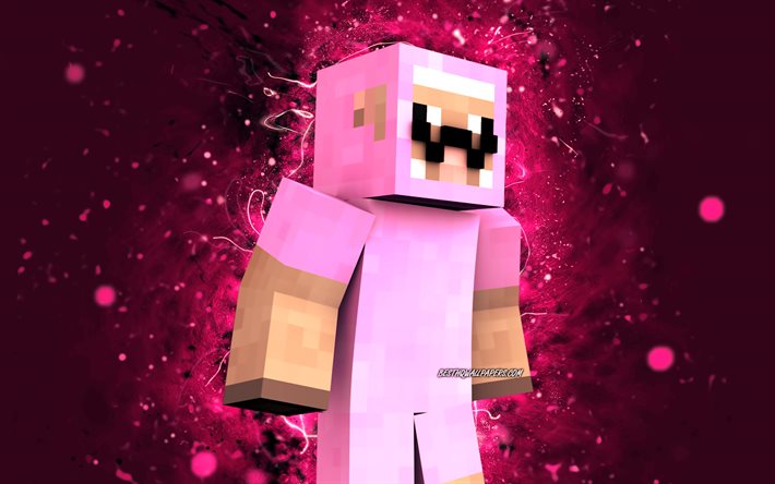 Pecora rosa, 4k, luci al neon viola, Minecraft, opere d&#39;arte, pelli umanoidi, personaggi di Minecraft, pelle di pecora rosa, pecora rosa Minecraft