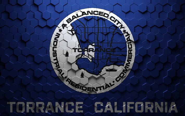 Bandera de Torrance, California, arte en forma de panal, bandera de hex&#225;gonos de Torrance, Torrance, arte de hex&#225;gonos 3d, bandera de Torrance