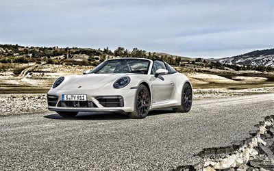 2022, Porsche 911 Targa 4 GTS, 4k, front view, exterior, new white 911 Targa 4 GTS, sports car, German sports cars, Porsche