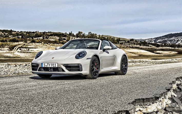 2022, Porsche 911 Targa 4 GTS, 4k, vista frontale, esterno, bianco nuovo 911 Targa 4 GTS, auto sportiva, auto sportive tedesche, Porsche