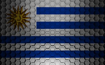 Uruguay flag, 3d hexagons texture, Uruguay, 3d texture, Uruguay 3d flag, metal texture, flag of Uruguay