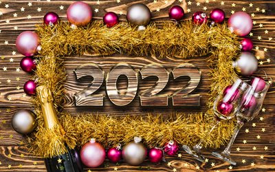 frohes neues jahr 2022, 4k, 2022 goldene 3d-ziffern, weihnachtsschmuck, holzhintergr&#252;nde, 2022-konzepte, weihnachtsrahmen, 2022-neujahr, 2022 auf holzhintergrund, 2022-jahres-ziffern, weihnachtskugeln, weihnachten 2022