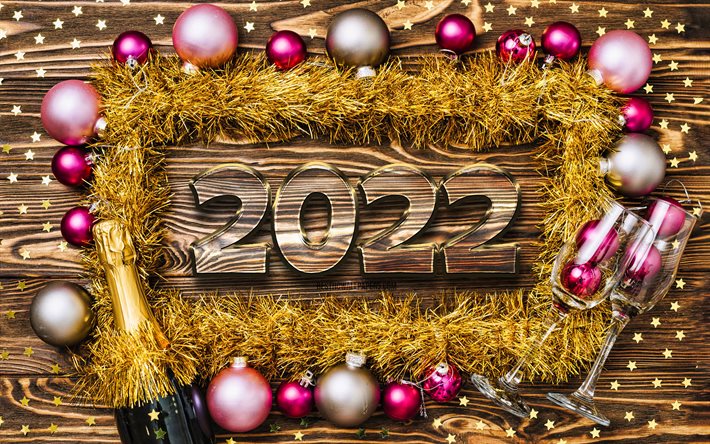 Happy New Year 2022, 4k, 2022 golden 3D digits, christmas decorations, wooden backgrounds, 2022 concepts, christmas frames, 2022 new year, 2022 on wooden background, 2022 year digits, xmas balls, Christmas 2022