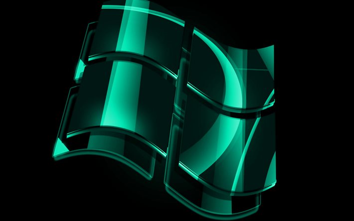 4k, Windows turquoise logo, turquoise backgrounds, OS, Windows glass logo, artwork, Windows 3D logo, Windows