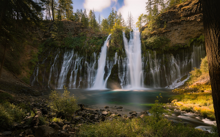 Burney Falls, oto&#241;o, cascada, lago, bosque, Burney Creek, California, estados UNIDOS