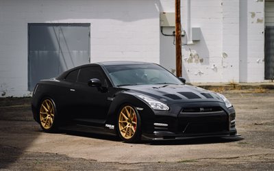 Nussan GT-R, sports coupe, bronze wheels, Forgeline, tuning GT-R, Japanese sports cars, Black GTR, Nussan