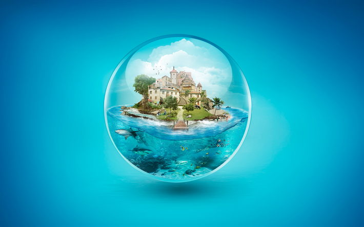 island, 4k, villa, sea, bubble, underwater world, sharks