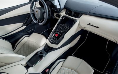 Lamborghini, Aventador, 2018, 4k, de l&#39;int&#233;rieur, en cuir blanc, des sports d&#39;int&#233;rieur de voiture, voiture de course