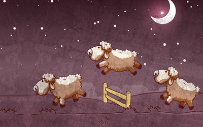 ovelhas, noite, lua, arte, cordeiros