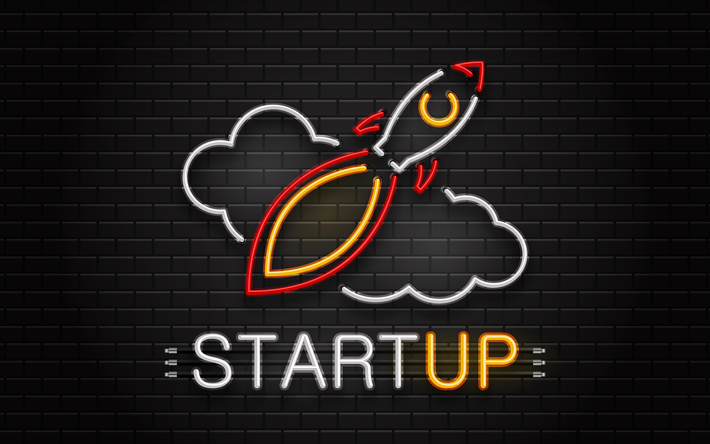 Start Up concept, 4k, brick wall, neon lamp, rocket, start up