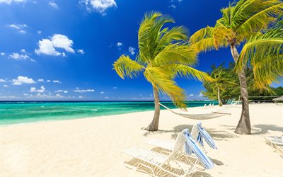 Maldivas, 4k, islas tropicales, la playa, el oc&#233;ano, las olas, la arena blanca, las palmeras, los conceptos de viaje