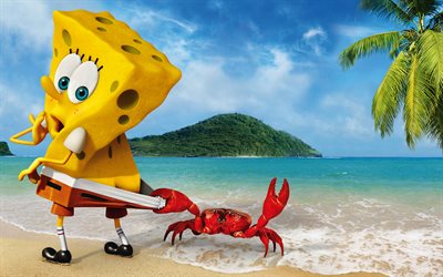 SpongeBob, beach, crab, sea, SpongeBob SquarePants