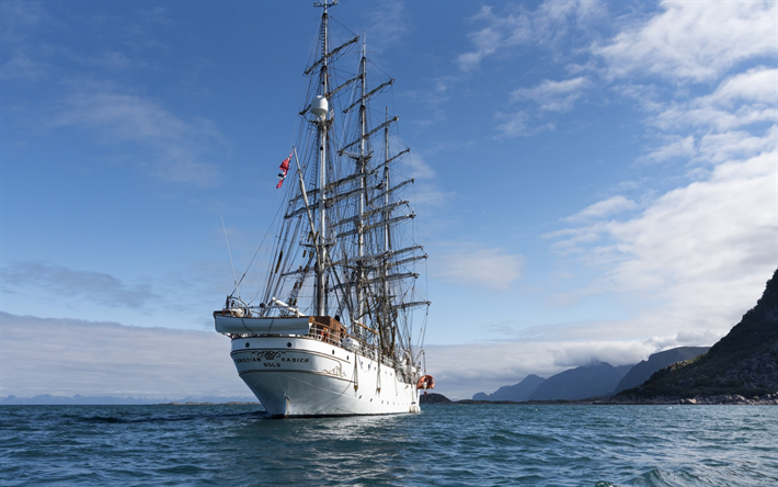 grande sailer, Crist&#227;o Radich, Noruega, mar, white ship, ondas