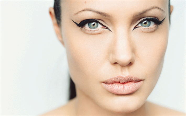 Angelina Jolie, 4k, muotokuva, Amerikkalainen n&#228;yttelij&#228;, make-up, kauniit silm&#228;t, YK: n hyv&#228;n tahdon L&#228;hettil&#228;s
