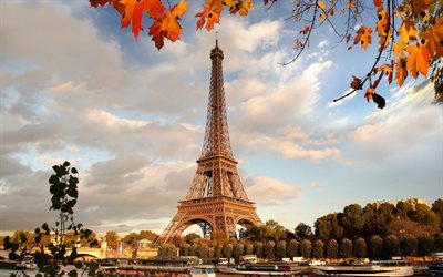 Paris, Eiffel Tower, sunset, evening, ships, autumn, France