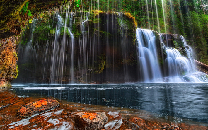 cascada, lago, roca, agua, bosque, oto&#241;o, Scamenia, Washington, estados UNIDOS