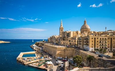 Valletta, p&#228;&#228;kaupunki Malta, Grand Harbour, vanha arkkitehtuuri, kes&#228;ll&#228;, V&#228;limerelle, port, merimaisema, Malta