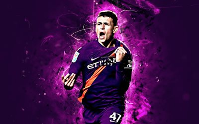 Phil Foden, violet uniform, English footballer, Manchester City FC, soccer, Foden, Premier League, Man City, neon lights
