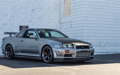 Nissan Skyline, gtr, r34, gray sports coupe, tuning gt-r, Japanese sports cars, Nissan