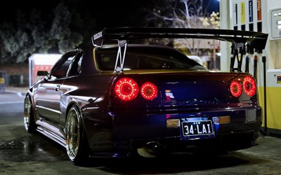 Nissan Skyline, la noche, la afinaci&#243;n, R34, vista posterior, azul Horizonte, los coches japoneses, Nissan
