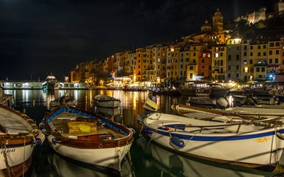 Portovenere, night, boats, italian resort town, Liguria, Italy, Mediterranean Sea