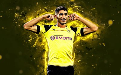 Achraf Hakimi, Moroccan footballer, Borussia Dortmund FC, soccer, Hakimi, BVB, Bundesliga, football, neon lights