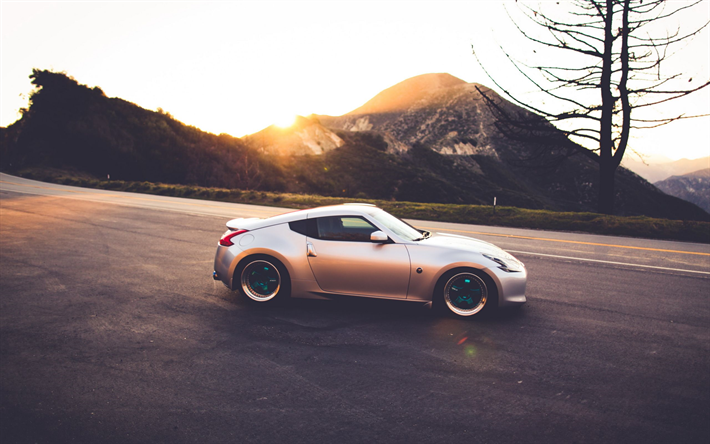 Nissan 370Z, road, tuning, sportscars, stance, silver 370Z, japanese cars, Nissan