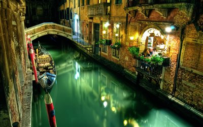 Venice, night, canal, Italy, gondolas, nightly Venice, Europe