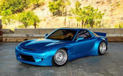 Mazda RX-7, blue sports coupe, tuning RX-7, luxury wheels, Japanese sports car, Mazda