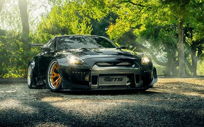 Nissan GT-R nero sport coupe tuning GT-R, vista frontale, ruote gialle, sportiva Giapponese, R35, HRE Ruote, Nissan