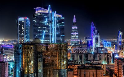 Riyadh, capital, colorful city lights, night, skyscrapers, modern buildings, Saudi Arabia
