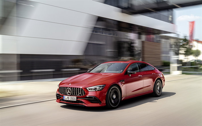 Mercedes AMG GT43, 2019, four door coupe, exterior, sports sedan, new red GT43, German cars, Mercedes