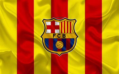 Barcelona FC, flag of Catalonia, emblem, logo, silk texture, yellow red flag, Catalonia, Spain, Catalan football club