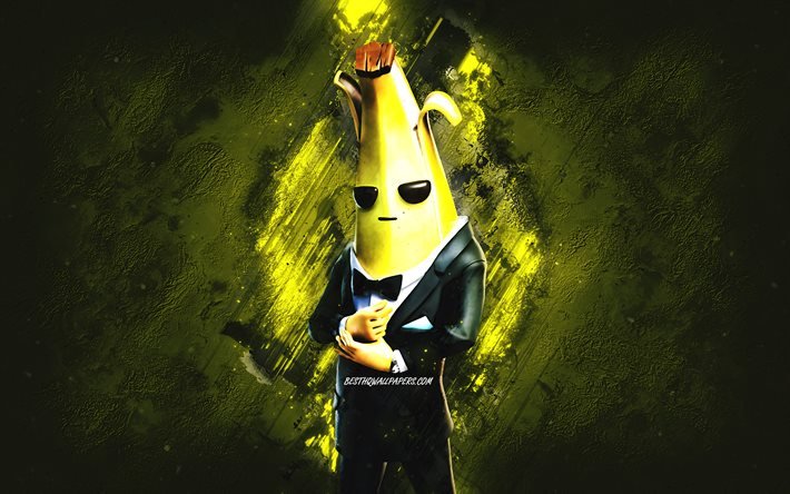 Fortnite Mister Banane Skin, Fortnite, huvudpersoner, gul sten bakgrund, Mister Banane, Fortnite skinn, Mister Banane Skin, Mister Banane Fortnite, Fortnite tecken