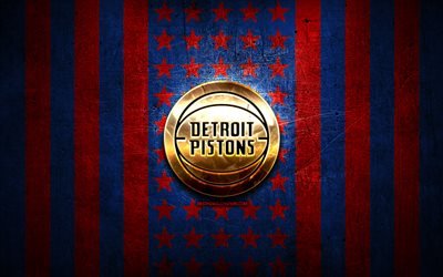 Detroit Pistons bayrağı, NBA, kırmızı mavi metal arka plan, Amerikan basketbol kul&#252;b&#252;, Detroit Pistons logosu, ABD, basketbol, altın logo, Detroit Pistons