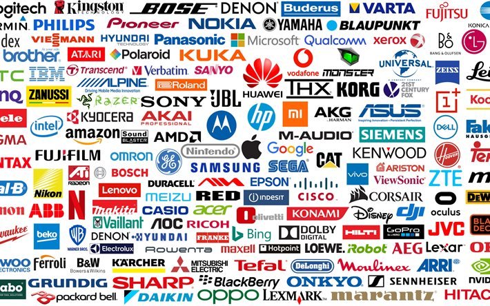 bakgrund med telefontillverkare logotyper, kreativ bakgrund med logotyper, logotyp textur, alla logotyper av digital teknik tillverkare