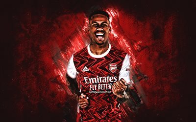 Gabriel Magalhaes, Arsenal fc, brazilian football player, red stone background, soccer, Premier League, football