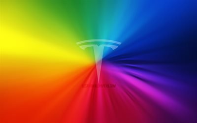 Tesla logo, 4k, vortex, rainbow backgrounds, creative, artwork, cars brands, Tesla