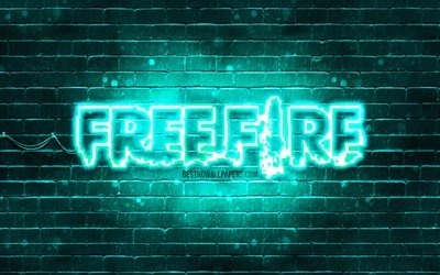 Logotipo turquesa Garena Free Fire, 4k, parede de tijolos turquesa, logotipo Free Fire, jogos 2020, Free Fire, logotipo Garena Free Fire, Free Fire Battlegrounds, Garena Free Fire