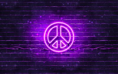 Sinal de paz violeta, 4k, parede de tijolos violeta, S&#237;mbolo da paz, criativo, Sinal de n&#233;on da paz, Sinal da paz, Paz