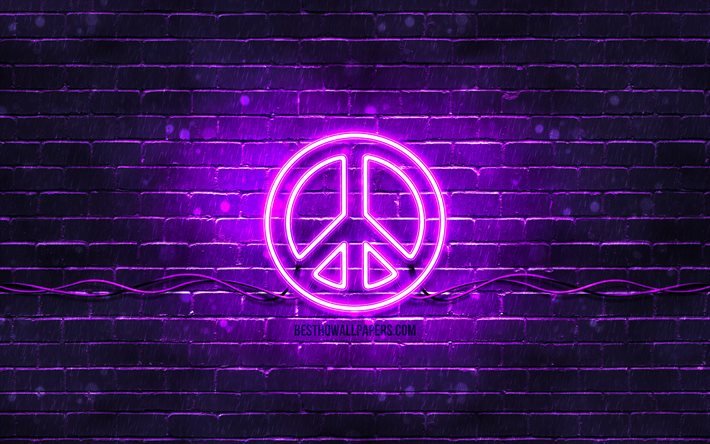 Signe violet de paix, 4k, brickwall violet, symbole de paix, cr&#233;atif, signe de paix au n&#233;on, signe de paix, paix