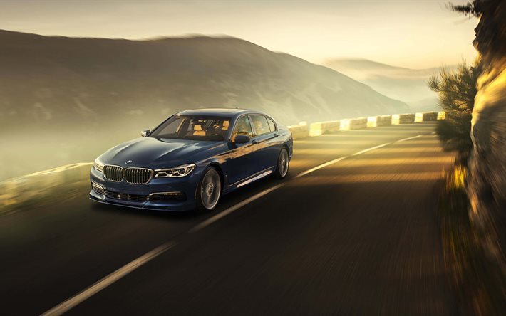 BMW Alpina B7, 2017, BMW 7, 2017 carros, azul BMW, carros de luxo, estrada, velocidade