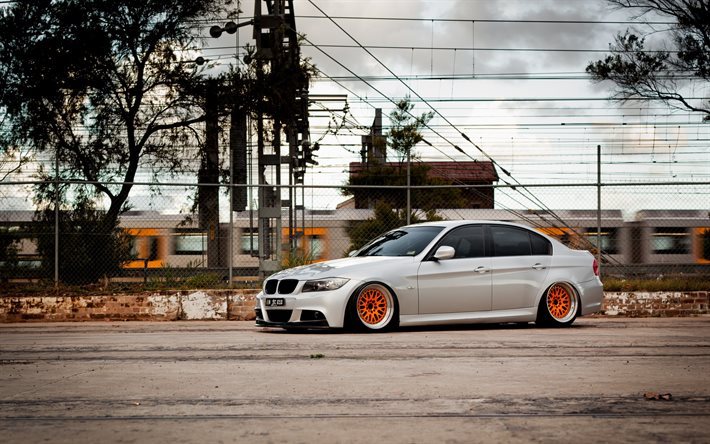 Download wallpapers BMW 3, tuning BMW, silver E90, orange
